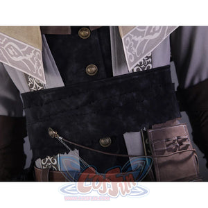 Bloodborne Ludwig cosplay coat detail with bronze buttons, decorative white cape trim, and leather belt accessories