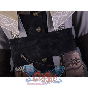 Bloodborne Ludwig cosplay coat detail with bronze buttons, decorative white cape trim, and leather belt accessories