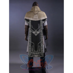 Bloodborne Ludwig cosplay costume back view showing ornate embroidered dark coat and tan hooded cape on mannequin