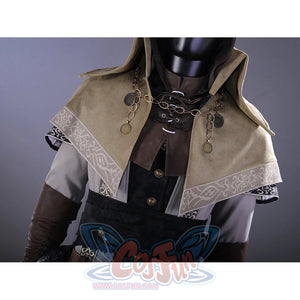 Bloodborne Ludwig cosplay costume upper body detail with tan hooded cape, decorative trim, and gold chain coin necklace