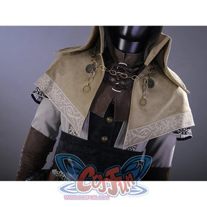 Bloodborne Ludwig cosplay costume upper body detail with tan hooded cape, decorative trim, and gold chain coin necklace