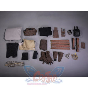 Bloodborne Ludwig cosplay complete costume set flat lay with all pieces and accessories organized display