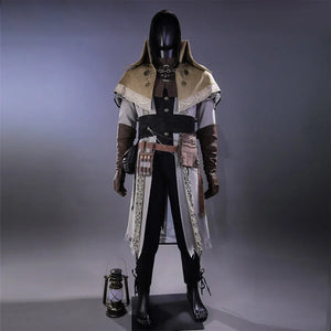 Bloodborne Ludwig cosplay costume front view on mannequin with hooded cape, dark coat, belt pouches, and lantern prop