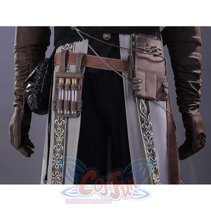 Bloodborne Ludwig cosplay costume waist detail with leather belt, bullet and vial pouches, and brown leather gloves