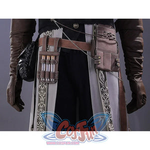 Bloodborne Ludwig cosplay costume waist detail with leather belt, bullet and vial pouches, and brown leather gloves