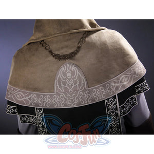 Bloodborne Ludwig cosplay costume back hood detail featuring skull emblem print, decorative trim, and chain necklace