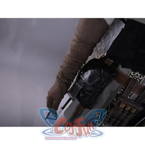 Bloodborne Ludwig cosplay costume side detail showing brown leather sleeve, decorative skull accessory, and belt pouches
