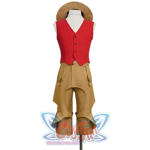 Luffy cosplay full costume set with red vest, tan pants, and straw hat displayed on a mannequin
