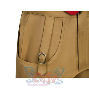 Detail shot of the metal D-ring buckle and side pocket on the tan pants in the Luffy cosplay costume.