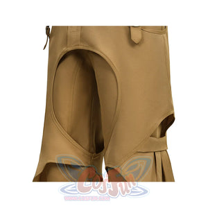 Close-up of the circular thigh cutout design on the tan pirate pants in the Luffy cosplay costume.