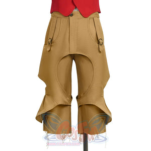 Front view of the tan pirate pants with cutout design and side buckle rings in Luffy cosplay costume.