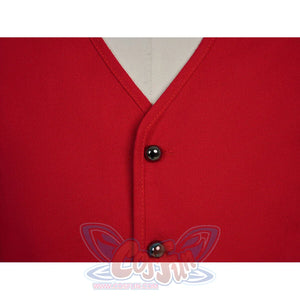 Close-up of the V-neckline and black buttons on the red vest of the Luffy cosplay costume.