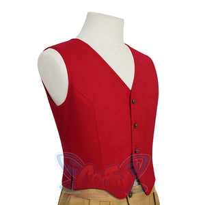 Close-up side view of the red vest from the Luffy cosplay costume showing buttons and seam detail.