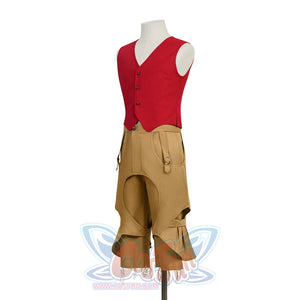 Three-quarter back view of Luffy cosplay costume with red vest and structured tan pirate pants.