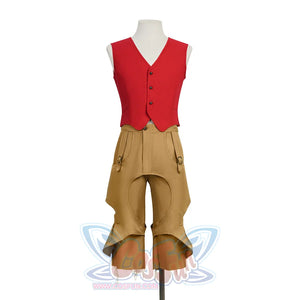 Front view of Luffy cosplay costume with red vest and tan pirate pants displayed on a mannequin.