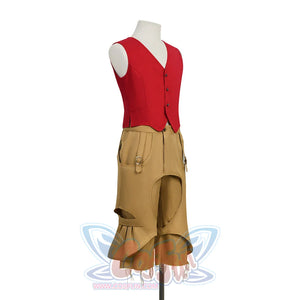 Side view of Luffy cosplay costume showing red vest and tan pirate pants with layered flared hem.