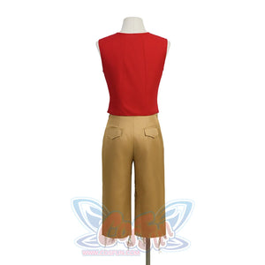 Back view of Luffy cosplay costume showing a red sleeveless vest and wide-leg tan pants.