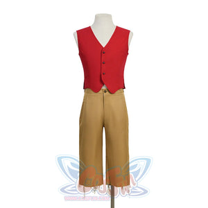Front view of Luffy cosplay costume with red button vest and wide-leg tan pants on a mannequin.