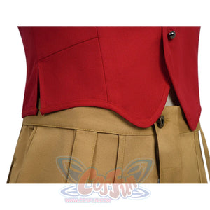 Detail shot showing the curved hem of the red vest and pleated waistband of Luffy cosplay costume.