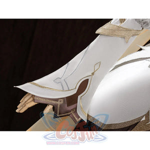 Lumine cosplay costume cape and shoulder close-up with white fabric and gold embroidery stitching
