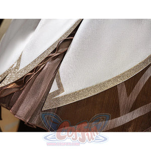 Lumine cosplay costume skirt fabric close-up showing brown layers with gold glitter trim detail