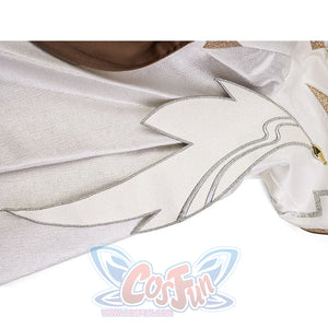 Lumine cosplay costume white cape close-up with silver wing embroidery outline and gold glitter trim