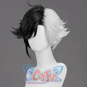 Side view of Luna Snow cosplay wig. Shows the two-0toned (black & white) design, spiky layers, flowing naturally.