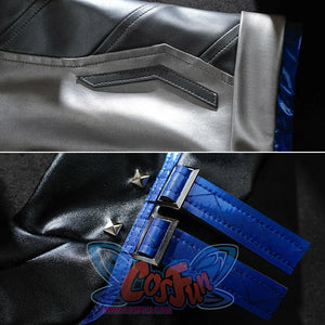 Luna Snow Seol Hee cosplay costume details: Gray - black stitching and blue-strapped accents.