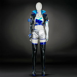 The front view of Luna Snow Seol Hee costume shows a stylish outfit with a black and blue cropped jacket, a matching top, silver shorts, and detailed accessories.