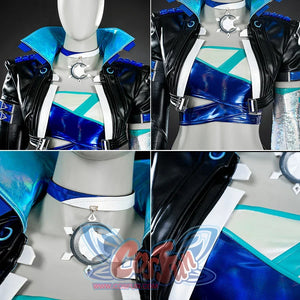 Close-up details of Luna Snow Seol Hee cosplay costume: Jacket, top, necklace, and stitching, shown in 4-part views.