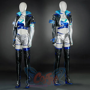 Two front-view comparisons of Luna Snow Seol Hee costume display slight differences in accessory details, with the black and blue jacket, matching top, and silver shorts as the main elements.