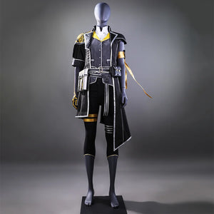 A comprehensive view of Lune's cosplay costume, presenting a striking combination of black, gold, and white elements that convey both elegance and a sense of mystery.