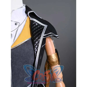 A close-up of the shoulder design on Lune's cosplay costume, displaying the combination of black quilted fabric and gold accents.