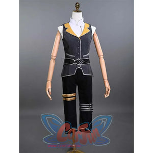 A close-up of the vest and pants on Lune's cosplay costume, featuring the black and gold design and the detailed craftsmanship that complements the overall look.