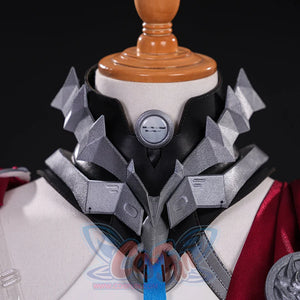 Highlights the unique neck armor design—sharp metallic shapes, black base, and central emblem—adding an edgy touch.