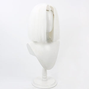 Hazbin Hotel Lute cosplay wig, short straight silver bob hairstyle, side view on mannequin