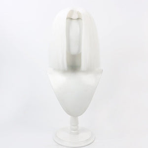 Hazbin Hotel Lute cosplay wig, short straight silver bob, top angled view on white mannequin