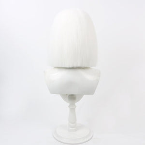 Hazbin Hotel Lute cosplay wig, short silver bob, back and top view showing hair texture