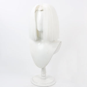 Hazbin Hotel Lute cosplay wig, short straight silver bob, front view on white mannequin bust