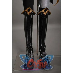 The leg covers and shoe cover are made of black leather with white stripes, and the top of the leg cover has a gold stripe.