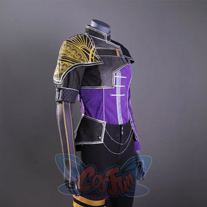 The side perspective of Maelle cosplay attire emphasizes the elaborate craftsmanship on the purple bodice, black trousers, and golden adornments.