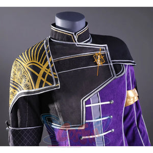 A close-up of the chest part of Maelle cosplay costume, revealing the gold patterns and the silver buttons on the purple upper garment.