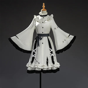 Hikami Meruru cosplay costume front view with white dress, cape sleeves and black ribbons