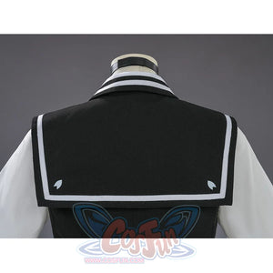 Sakuraba Ema cosplay costume back sailor collar detail with black fabric and white chevron stripe trim accents