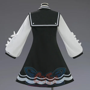 Sakuraba Ema cosplay costume back view showing white ruffled sleeves and black dress with sailor collar detail