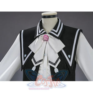 Sakuraba Ema cosplay costume collar detail close-up showing pink decorative bow and black-and-white trim