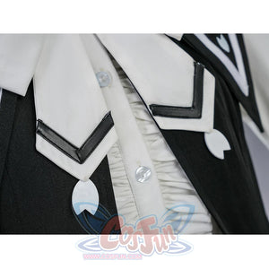 Sakuraba Ema cosplay costume detail shot of white bow tie against black vest with chevron trim and ruffled blouse