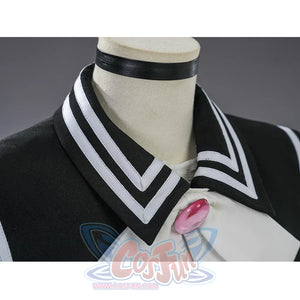 Sakuraba Ema cosplay costume sailor collar close-up with black-white striped trim and pink crystal brooch detail
