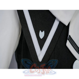 Sakuraba Ema cosplay costume black vest detail with white chevron trim and decorative emblem on chest area