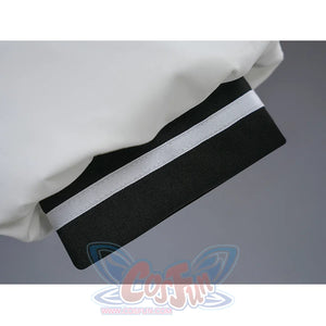 Sakuraba Ema cosplay costume sleeve cuff detail with black trim and white stripe against white ruffled fabric
